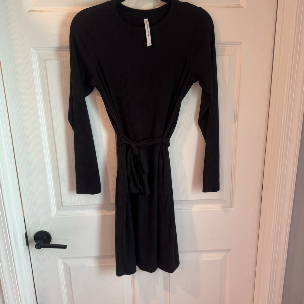 Modern Ambition Women Long Sleeve Tie‎ Waist ribbed Shirt dress Black Sz small